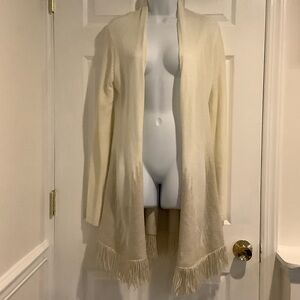 NWT MYSTREE Cream Neutral Fringe Open Front Coastal Cowgirl Spring Cardigan M